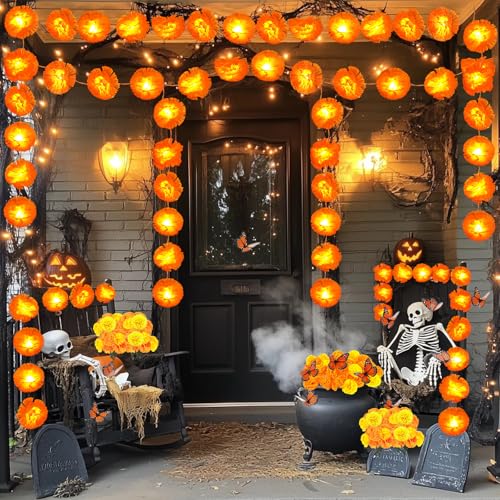 Day of The Dead Decorations Set with Marigold Garland Lights and Artificial Flowers