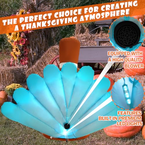 6FT Thanksgiving Inflatable Turkey with Blue Tail & LED Lights - Outdoor Holiday Decor