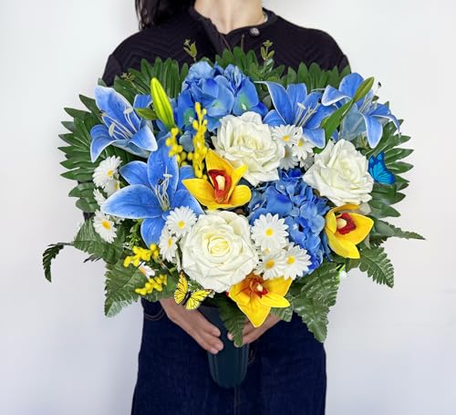 Artificial Cemetery Flowers for Grave Decorations - Realistic Rose Daisy Lily Cymbidium Sympathy Bouquet