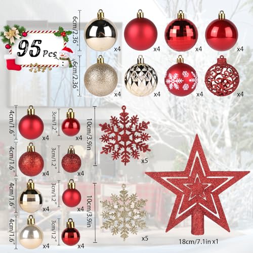 Christmas Ball Ornaments Set 95Pcs - Red & Gold Holiday Decorations with Gift Package