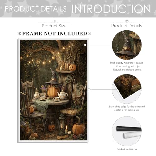 Unframed Vintage Fall Wall Art Pumpkin Witch Tea Party Canvas 11x14in