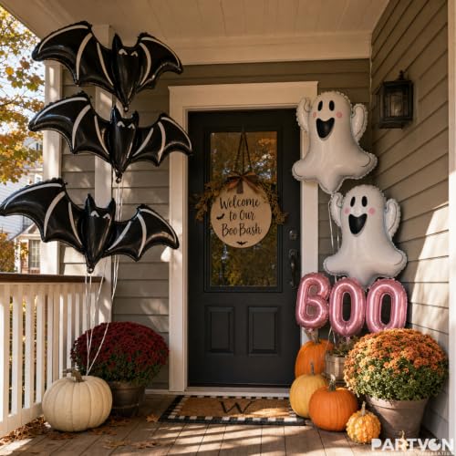 Pink Halloween Balloons Set with Ghost & Bat Decor - Cute Party Supplies with Boo Letters - Variation: Pink