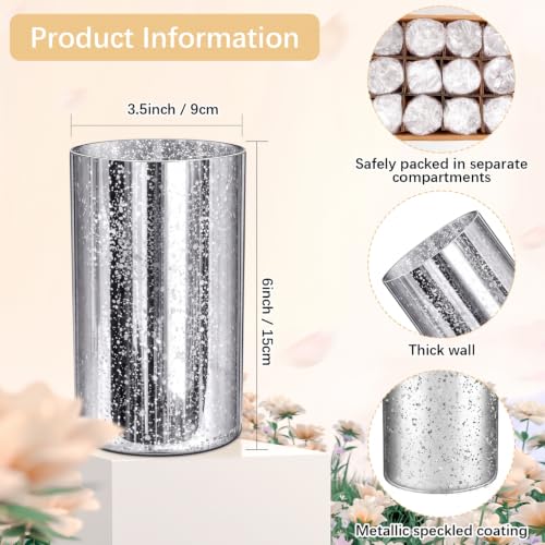12-Pack Silver Glass Vases for Flower Centerpieces - 6 Inches Tall