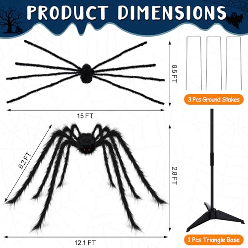 15FT Giant Halloween Spider Decor - Large Outdoor Haunted House Prop, Adjustable Legs, Black