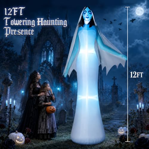 12FT Giant Halloween Inflatable Ghost Bride with Blue LED Lights Outdoor Decor