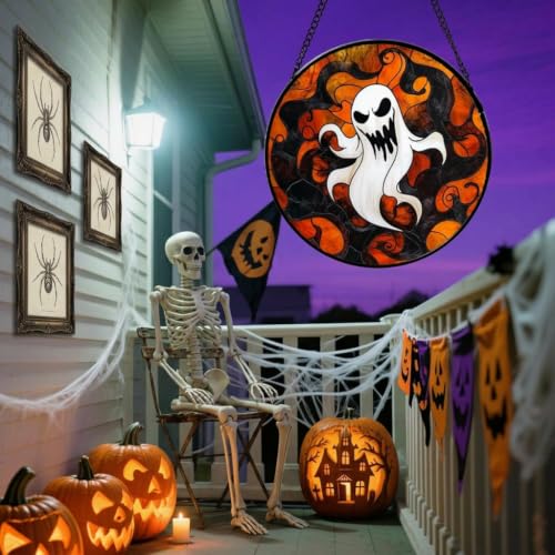 Halloween Pumpkin Vine Ghost Stained Glass Window Hanging - 7.87 x 7.87in - Medium Variation