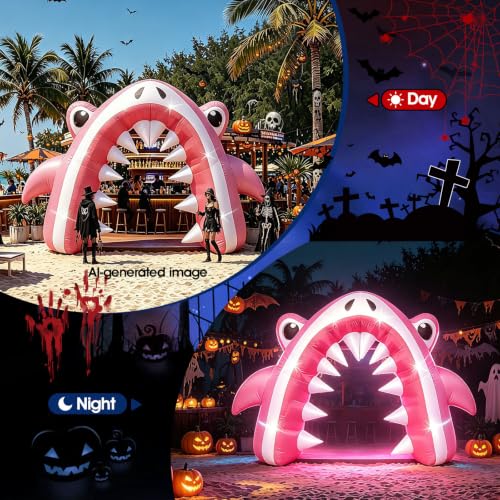 Pink Halloween Shark Inflatable Archway - 13FT Yard Lawn Decor with LED Lights
