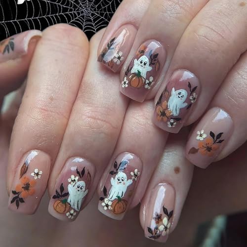 Halloween Ghost Press On Nails Medium Square Set - Cute Ghost Flower Pumpkin Design, Reusable 24Pcs for Women & Men