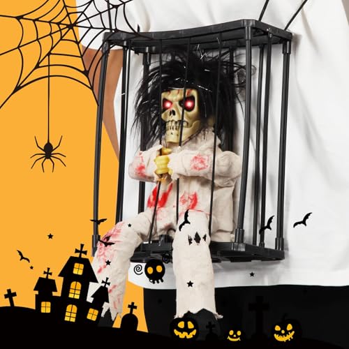 Animated Halloween Skeleton Ghost Hanging Prop with Motion Sensor and Sound - Lights Up Eyes for Indoor Outdoor Decor