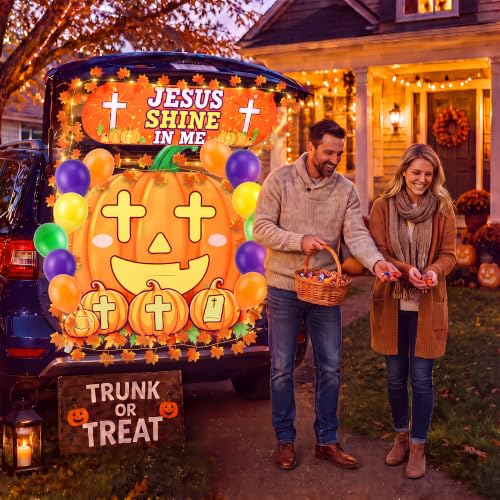Halloween Pumpkin Car Decorations Kit with LED String Lights & Religious Banner
