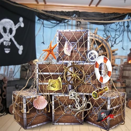 Wood Pirate Party Decorations Set - Imitation Wooden Treasure Chests, Fishing Net & Rope - Adult Halloween Party Supplies