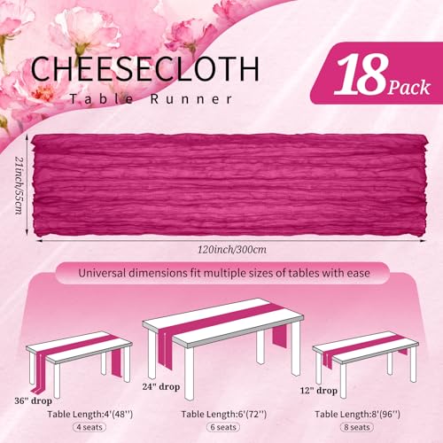 Fuschia Cheesecloth Table Runner Set - 18 Pack, 10FT Rustic Boho Wedding Decor