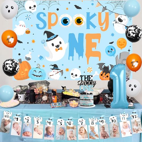 Halloween 1st Birthday Party Decorations Boy Set with Banner Balloons Backdrop & Cake Topper