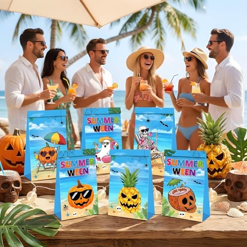 Summerween Party Gift Bags - 12 Pack Halloween & Summer Theme Paper Bags
