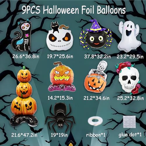 Halloween Foil Balloons Set - 9pcs Ghost, Pumpkin, Spider, Skeleton, Black Cat Party Decorations