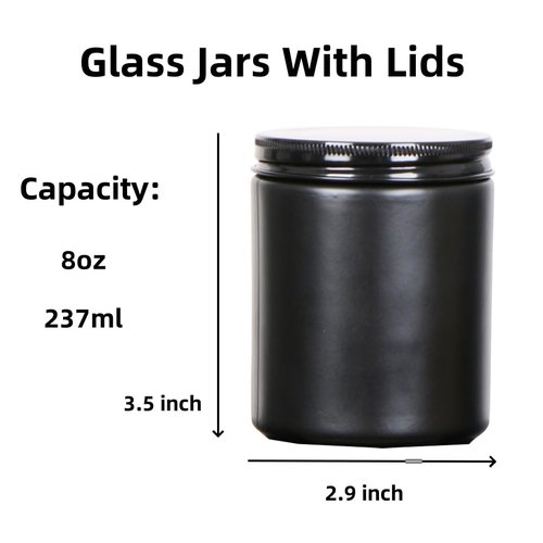KIGITIK 6 pack 8oz Black Glass Jars and Plastic & Metal Lids, Refillable Thick Glass Jars For Candle, Storage, Spice, Liquid, Powder. (8oz Black)