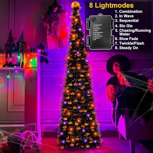 Black Tinsel Halloween Tree with Lights, Pumpkins & Timer - Indoor Decor