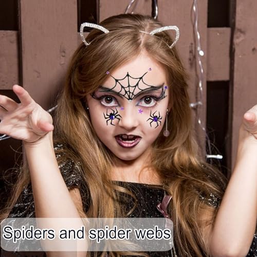 Halloween Glitter Spider Face Sticker - Black Spider & Web with Gems, Waterproof & Self-Adhesive, for Makeup & Cosplay - Black Variation