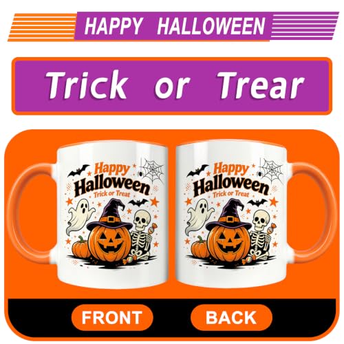 Halloween Trick or Treat Pumpkin Ghost Skull Mug - 11oz Orange Handle & Interior