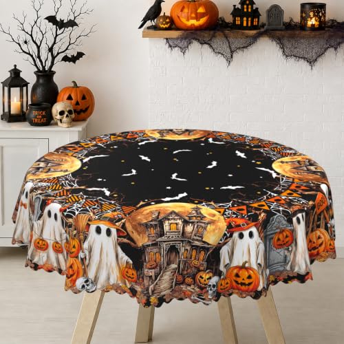 Halloween Round Tablecloth 60x60 Inch Ghost Bat Pumpkin Castle - Spooky Party Decor
