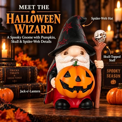 Halloween Gnome Figurine Resin Wizard with Skull Staff - Black Variation