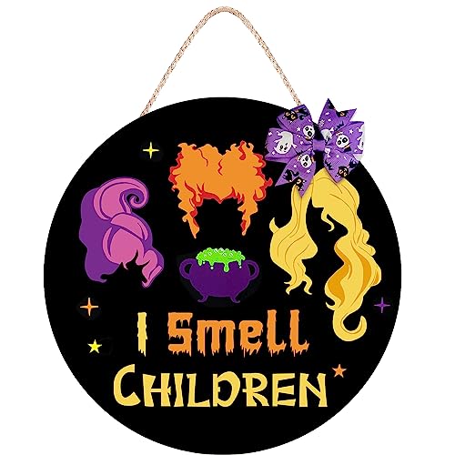 Halloween Wreath Door Sign with Witch Sisters and Bow Decor - Wooden Halloween Door Hanger