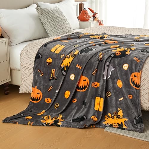 Halloween Throw Blanket with Spooky Pumpkin Bat Ghost Spider Print - Grey 50x60 Inches - Cozy Fuzzy Fleece for Couch Bed Decorations - Variation: 03 Halloween Grey / Throw-50x60
