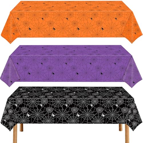 Halloween Spider Web Tablecloth Set - 3 Pack, Orange Black Purple, 54x108 Inches, Spider Web Design, Waterproof, Party Decor - Variation of Halloween Spiderweb