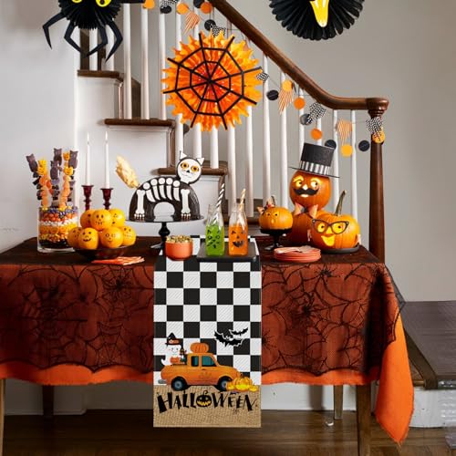 Halloween Table Runner 13x72 Inch Linen Fall Decor with Bat Pumpkin Ghost Trucks - Spooky Seasonal Tablecloth