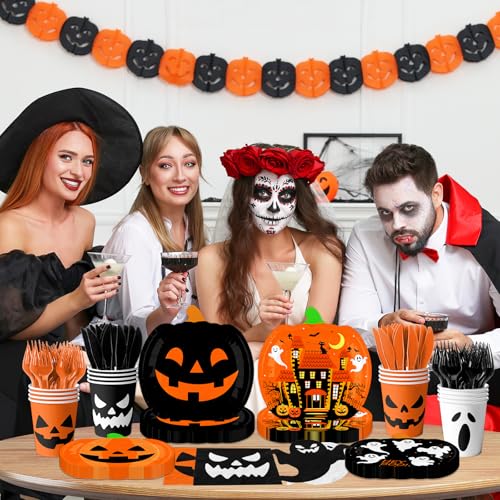 Halloween Pumpkin Paper Plates Napkins Cups Set for Spooky Party Decorations