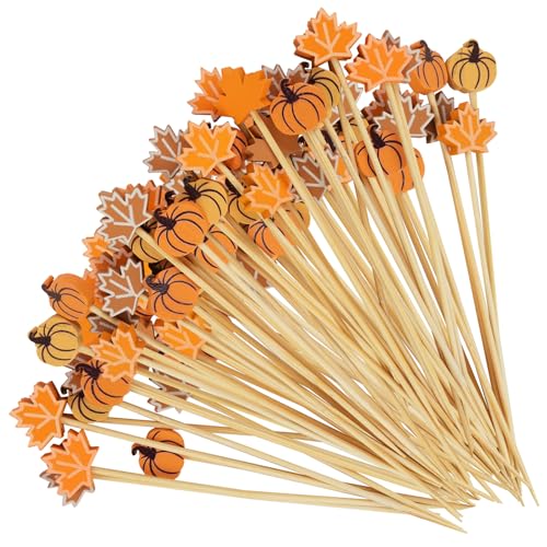 Fall Pumpkin Maple Cocktail Picks - 100PCS Autumn-themed Bamboo Skewers with Variations Orange & Brown