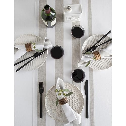 Natural & White Linen Table Runner 14x108 Inches - Striped Cotton