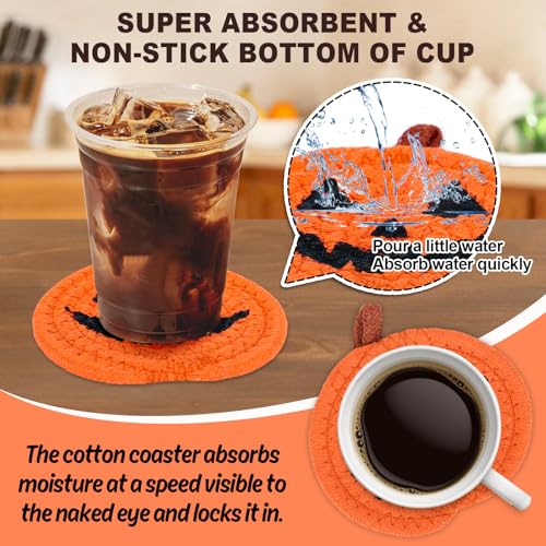 Halloween Pumpkin Coasters - Handmade Braided Cotton Set, Orange & Black, 4.7 Inch - Variation of THIS listing
