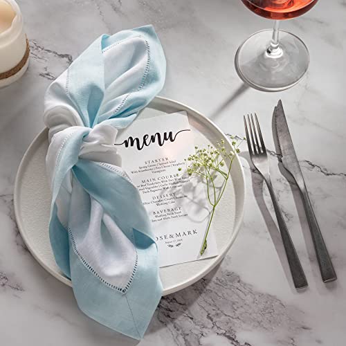 Linen Napkins Set of 4 20x20 Inch White & Light Blue Hemstitch | Flax Linen
