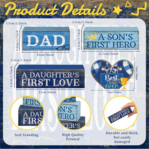 Father's Day Wooden Sign Set - Dad Block Signs Farmhouse Decor, 4 Pieces