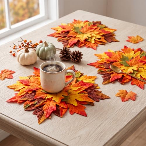 Fall Thanksgiving Maple Leaf Placemats Set - 4 Multicolor 15 Inch - Layered 3D Design