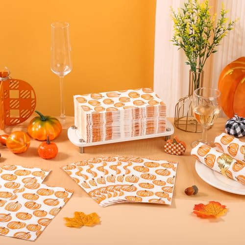 Pumpkin Autumn Fall Disposable Paper Napkins - 100 Pack, 3-Ply, Line-Art Design