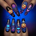 Halloween Fake Nails Set - Coffin Shape Full Cover Press On Nails with Pumpkin Skull Design - Medium Length - Variation 2