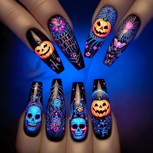 Halloween Fake Nails Set - Coffin Shape Full Cover Press On Nails with Pumpkin Skull Design - Medium Length - Variation 2