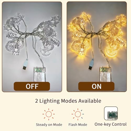 Moon Star String Lights 10FT 20 LED Fairy Lights Ramadan & Christmas Decor - Battery & USB Powered with 2 Modes Waterproof