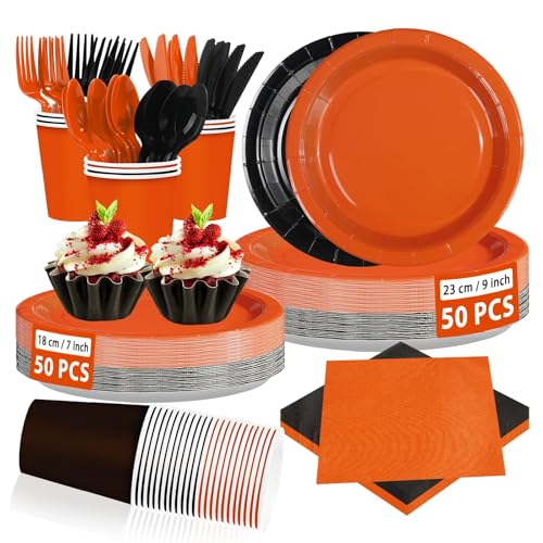 350Pcs Orange and Black Party Supplies Set for 50 Guests | Disposable Tableware Kit