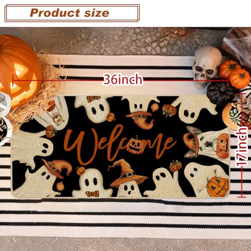 Halloween Ghost Door Mat - 17 x 36 Inch Spooky Welcome Rug with Non-Slip Rubber Backing