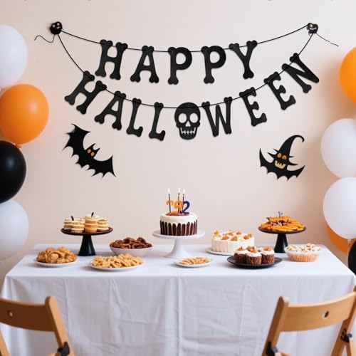 Halloween Skeleton Banner with Glitter Paper - Black Halloween Wall Decorations