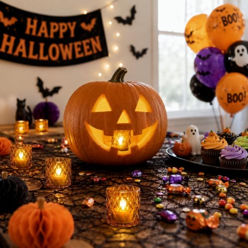 Burnt Orange Fall Decor Flameless Votive Candles 12Pcs - Halloween & Seasonal Indoor Ambience