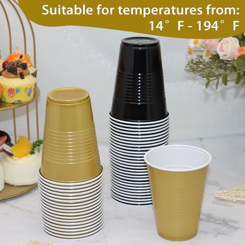 Black and Gold Plastic Cups 16 oz Pack of 100 - Party Disposable Drinkware with Textured Grip