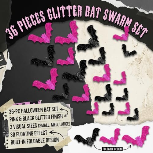 Halloween Glitter Bat Wall Decals Set - 36pcs Pink & Black Party Decorations