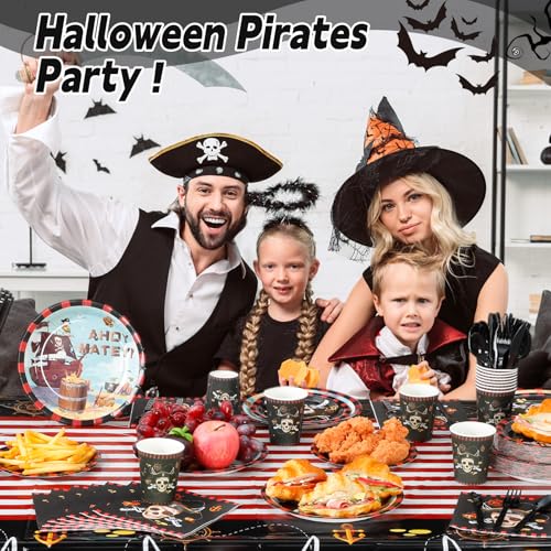 Pirate Party Plates Napkins Cups Cutlery Set for 50 Guests - Red Black Variation