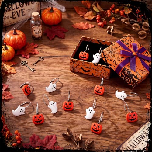 Halloween Shower Curtain Hooks Set - Ghost Pumpkin Decor, 12 Pieces, Orange & White Variation
