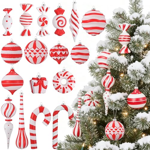 Red and White Christmas Ornaments Set - Candy Cane Holiday Decorations, Hand Painted, Shatterproof Plastic, 48 Pieces