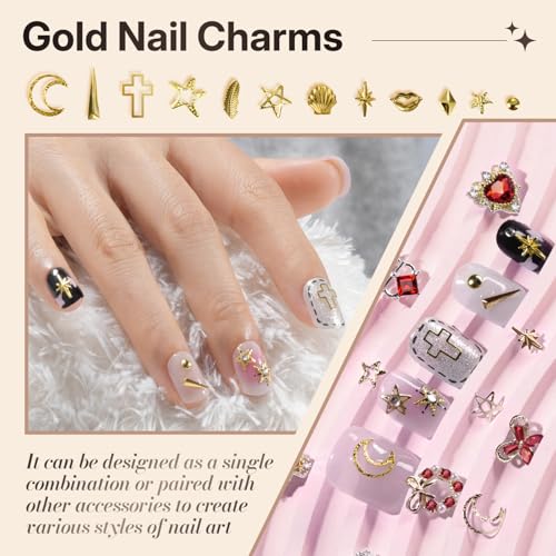 Nail Charms and Gems Kit with 4 Boxes of Gold Nail Decorations & Tools